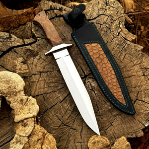 Cuchillo de caza hecho a mano de acero inoxidable de espiga completa con mango de madera, hoja de punta caída, funda de cuero negro, herramienta de supervivencia para exteriores - Product Image 1