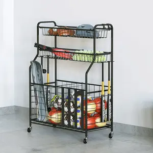 Garage Sports Equipment Organizer for Ball Storage Ball Sports Storage Cart with Baskets and Hooks