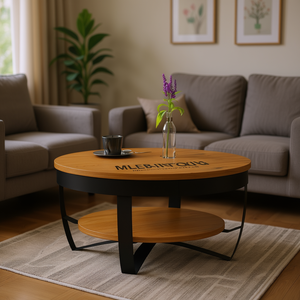 Modern Round Coffee <b>Table</b> Wood Top Metal Frame Storage Shelf Living Room Furniture D0100HE7BGG - Product Image 2