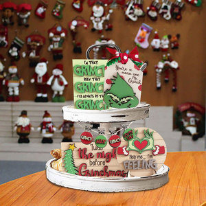 <b>Grinch</b> Tray <b>Ornament</b> Wooden Christmas Decorations Cartoon Style Handicraft Pine Material Rectangle Shape - Product Image 2