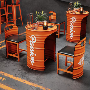 Juego de Mesa y Sillas de Estilo Industrial Moderno con Forma de Barril de Petróleo para Gimnasio, Estudio de Danza, Uso Comercial en Exteriores, Arte en Hierro, Personalizable - Product Image 1