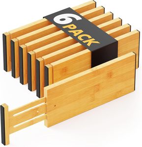 <b>6</b> Pack Expandable Bamboo Spring Loaded Dresser <b>Drawer</b> Dividers for Clothing Wood Adjustable <b>Drawer</b> Organizers for Kitchen - Product Image 1