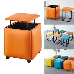 Super space saving upgraded modern square movable ottoman 5 stools organized in 1 with wheels for living room outdoor camp bbq