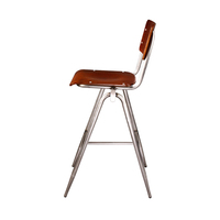 Tabouret de bar industriel vintage, structure en métal argenté, assise et dossier en contreplaqué courbé, repose-pieds avec revêtement en poudre transparent, vente en gros de tabourets de bar