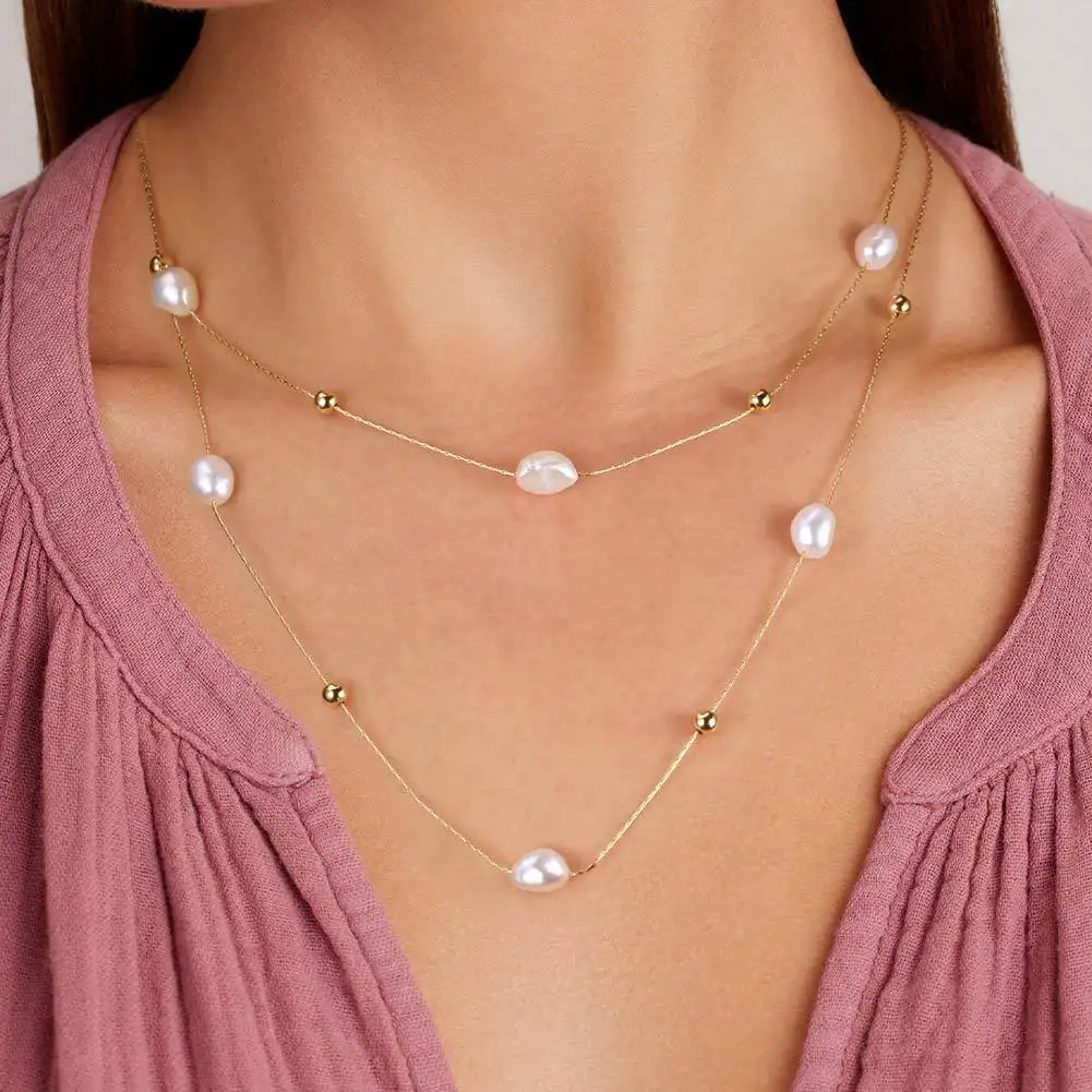 925 Sterling Silver Double Chain 2 Layer Wearing Clavicle Chain Pearl Necklaces Women Pearl Pendants Silver Chain Necklace