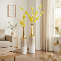 Ensemble de 2 vases de sol en métal, hauts, faits à la main, style Art Déco, décoratifs, en fer, motif Ginkgo blanc et or, pour mariage et décoration intérieure, vase à fleurs
