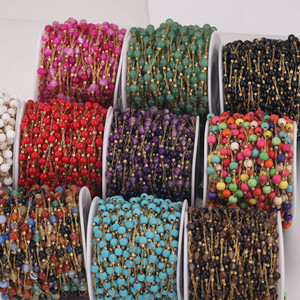 Chaîne en acier inoxydable plaqué or PVD avec perles rondes en pierres semi-précieuses naturelles espacées pour bracelet et collier DIY - Product Image 3