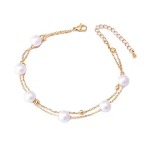 Popular Foot Decoration Double-layer Pearl Anklet Stainless Steel Beads Plated 18k Gold Anklet For Women