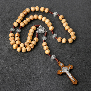 基督教手工松木壁挂十字架念珠天主教木制项链，耶稣十字架念珠橄榄木圣本笃念珠 - Product Image 1