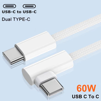 Kabel Charger Cepat Tipe C ke USB C 1M 2M 90 Derajat, Kabel Charger PD 60W Tipe-C dengan Anyaman 48 Strand dan Sambungan Lengkung