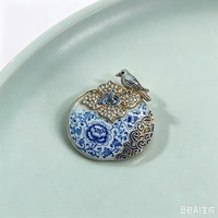 Bros Bunga Burung Porselen Biru dan Putih Kristal Berlian Imitasi Enamel Paduan Logam Pin Kerah Aksesori Perhiasan Wanita Oriental