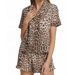 Plus Size pizzo confortevole Lingerie camicia da notte manica corta stampa leopardata donna tuta da notte set di pantaloncini pigiama in raso