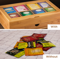 Boîte de rangement à thé en bambou naturel avec couvercle en verre et tiroir, organiseur de sachets de thé en bois à 8 compartiments pour comptoir de cuisine