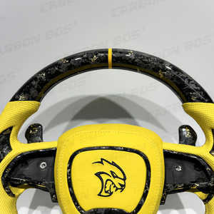 Volante Deportivo de Carreras de Fibra de Carbono Forjado en Oro para Dodge <span class=keywords><strong>Challenger</strong></span> Charger SRT, con Cuero Napa de Calidad Amarilla R/T - Product Image 6