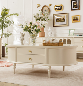 <span class=keywords><strong>Table</strong></span> à thé de Style crème française tout en bois massif pur bûche <span class=keywords><strong>Table</strong></span> basse en verre ovale salon américain petit appartement meubles - Product Image 3