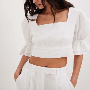 Vendita calda <span class=keywords><strong>femminile</strong></span> cravatta di lino indietro Top maniche corte aperto indietro Crop Top donna alta qualità Top - Product Image 2