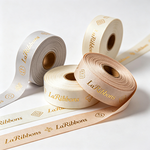 Elegant Neutral Series Gold Logo Print Polyester Grosgrain <b>Ribbon</b> Bulk Rolls For Luxury Present Box Floral Arrangement - Product Image 1