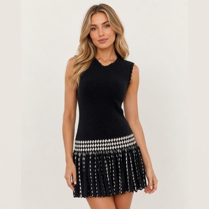 AIMEISI <span class=keywords><strong>Abbigliamento</strong></span> Femminile, <span class=keywords><strong>Elegante</strong></span> Vestito Corto Senza Maniche in Maglia con Motivo Jacquard a Quadri per Donne - Product Image 1