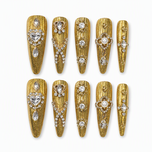 เล็บปลอมทรงอัลมอนด์แบบเต็มเล็บ ประดับเพชรและมุก ทำมือ พร้อมกาวติด - Product Image 1
