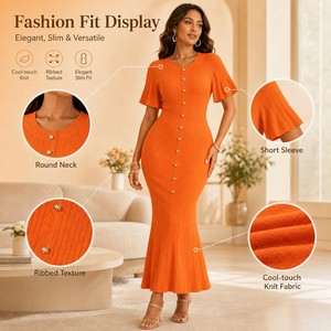 Wholesale OEM ODM Women European Style Crew Neck Short <strong>Sleeve</strong> Gold Button Front Trim <strong>Maxi</strong> Casual <strong>Summer</strong> Knit <strong>Dress</strong> - Product Image 1
