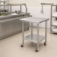 Plan de travail de cuisine professionnelle à deux niveaux en acier inoxydable 304, anti-graffiti, avec 4 roulettes, capacité de charge de 300 kg par mètre, pour restaurant