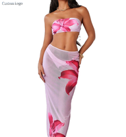 Trajes de Baño de 3 Piezas para Mujer con Logotipo Personalizado del Fabricante, Conjunto de Bikini con Estampado Floral, Top Bandeau y Falda de Playa Transparente 2026