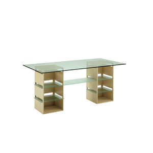 Mesa de Comedor Moderna con Tapa de Vidrio, Base de Madera y Estantes, Diseño Rectangular de 12 mm de Grosor - Product Image 1