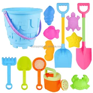 Large size 13 piece children's beach toy set, plastic beach bucket and sand rake toy combination