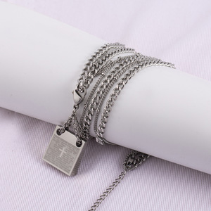 Layered <b>Titanium</b> Steel Men's Detachable Cross Square Pendant Double Layer Necklace Geometric Design Hip Hop Fashion - Product Image 2