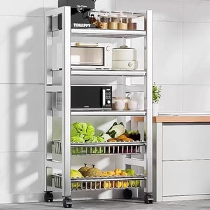 Chariot de rangement de cuisine en acier inoxydable à 5 niveaux, étagère mobile avec paniers en fil métallique pour fruits, légumes et ustensiles - Product Image 3