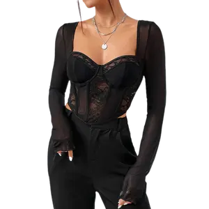 Prix de gros pour dames haut corset à manches longues en dentelle noire pour femmes haut en maille corset sexy