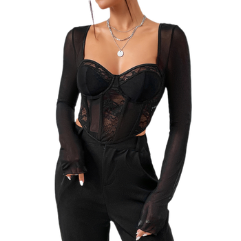 Wholesale price ladies black lace long sleeve corset top for women sexy corset mesh top