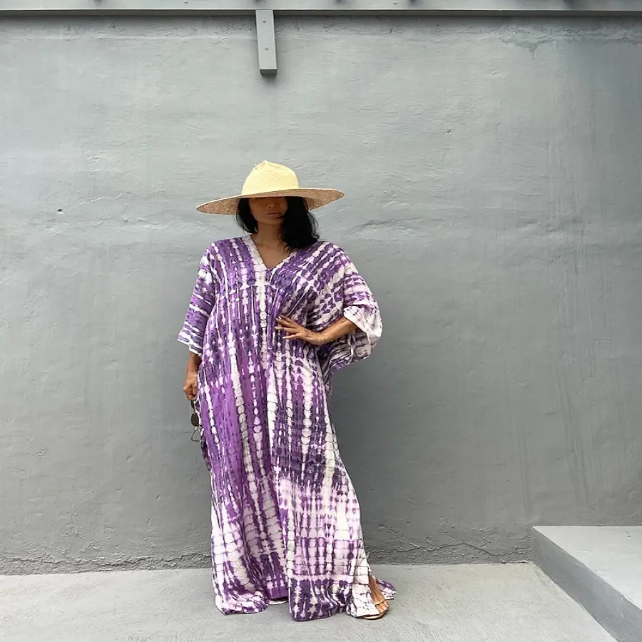 Xuất khẩu chất lượng lỏng phù hợp với TIE DYE dài kaftan V-Cổ Dài Tay Áo Rayon kỳ nghỉ ăn mặc handmade mùa hè buổi tối kaftans bán buôn