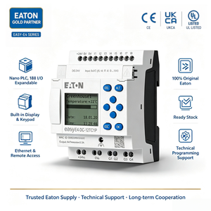 Relé Lógico Programable Eaton <span class=keywords><strong>EasyE4</strong></span> UC-12RC1P RTC 12 I/O Universal 12/24V AC/DC para Riel DIN PLC 8DI 4RO con Certificación CE - Product Image 1