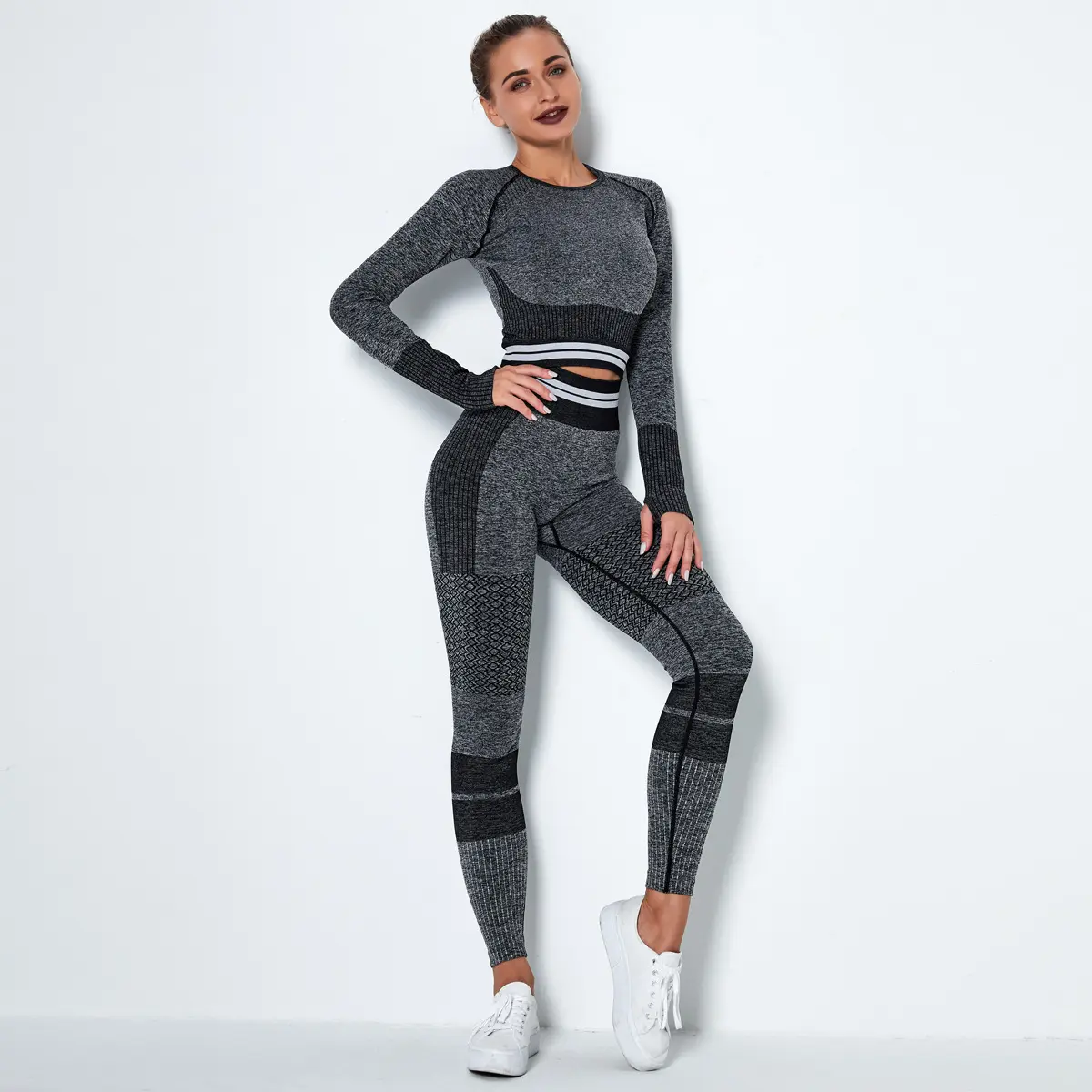 Women Seamless Knit Quick Dry T-shirt Sports Running Yoga Wear Long Sleeve Set Stripe Fitness Yoga Leggings