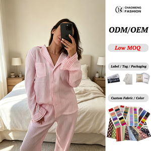 Novedad 2026: Conjunto de Pijama a Rayas de Gasa Crepé 100% Algodón para Mujer Europea, Manga Larga con Volantes en los Puños y Pantalones, Ropa de Estar por Casa - Product Image 1