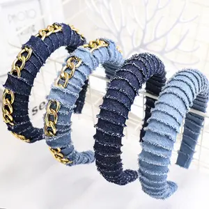 HOVANCI moda europea amplia tela de Jean de bandas de pelo esponja Denim diadema para las mujeres sombreros