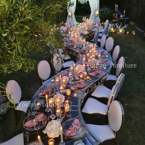 Event furniture mirror glass top stainless steel crystal S shape wedding banquet dining table