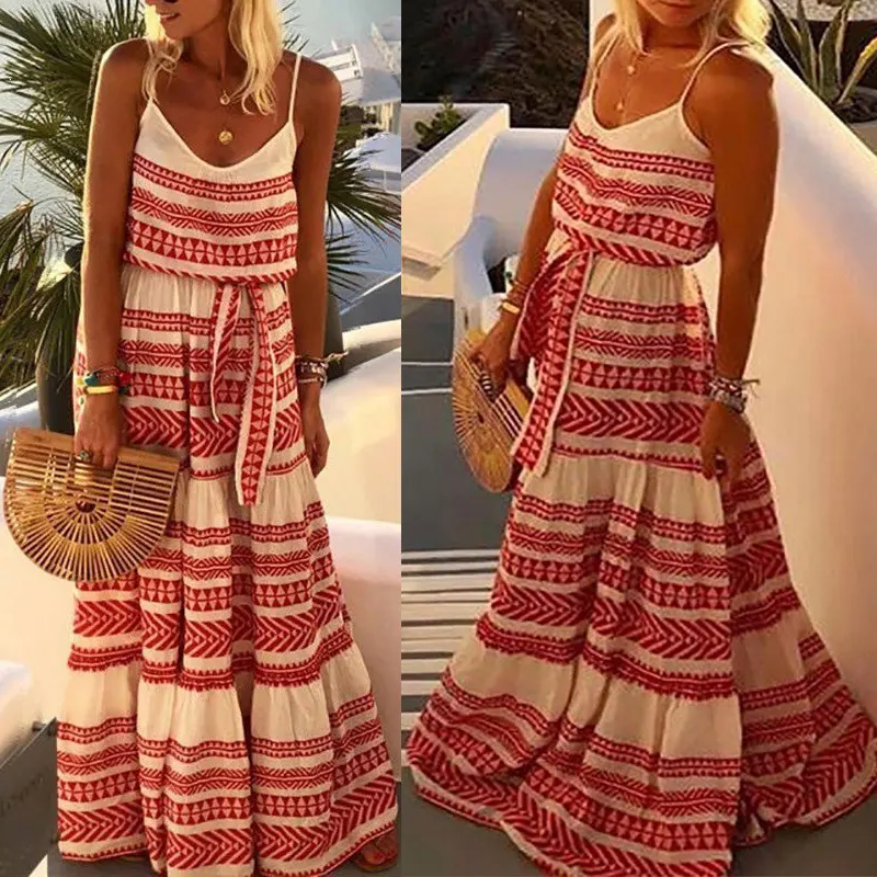 wholesale casual plus size dresses casual summer Bohemian Deep V Neck Print Sling Dress