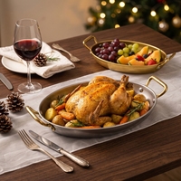 Assiette ovale vintage en acier inoxydable durable de taille moyenne avec deux poignées pour la maison, l'hôtel, le restaurant, la cuisine commerciale