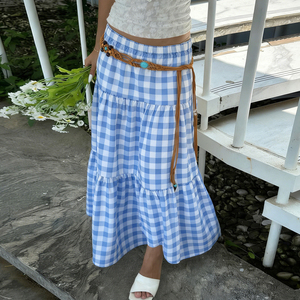 Falda Larga Maxi a Cuadros con Cintura Natural, Estilo Casual de Playa para Vacaciones de Verano - Product Image 1