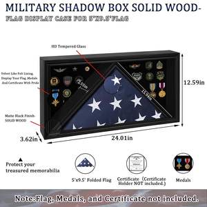 2026 Vitrine de drapeau d'enterrement pour drapeau d'enterrement vétéran et médailles Boîte d'ombre en bois massif avec finition noire en verre véritable - Product Image 2