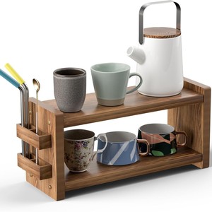 Solid Wood <b>Kitchen</b> Countertop Storage <b>Rack</b> With Cup Holder And Utensil Organizer For Bar Counter Use - Product Image 1