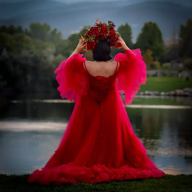 豪華な赤いレースパーティーエレガントなVネックオフショルダーボールガウン女性のイブニングドレス