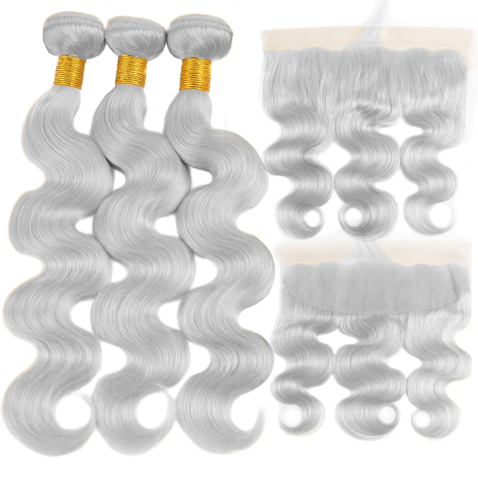 Peruvian Hair Weave Bundles with Frontal Silver Grey Colored Body Wave Bundles with Frontal Pre-Colored 100% Remy Human Hair