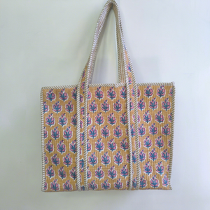 Sac fourre-tout bohème en coton, motif floral jaune, poignées rayées, grand sac à bandoulière ouvert pour usage quotidien - Product Image 1