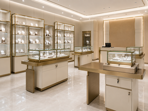 Custom Jewelry Store Fixtures LED Glass <b>Display</b> <b>Cases</b> Champagne Gold Metal Furniture Turnkey Shop Interior Solution Manufacturer - Product Image 4