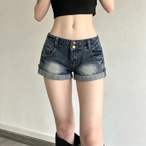 Ins Street Style Vintage Low Waist Washed Cuff Double <b>Button</b> <b>Jeans</b> Hot Girl Low Rise Fashion Crop Denim Shorts - Product Image 2