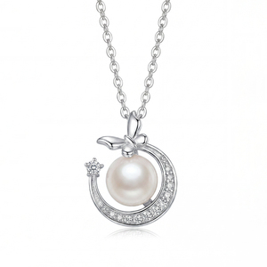 S925 Sterling Silver Freshwater Pearl <b>Bow</b> Circle Pendant Necklace CZ Elegant Jewelry <b>Gift</b> for Women - Product Image 1