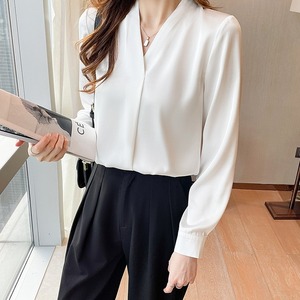 1936 #   Camicie Bianche Tinta Unita da Donna, Top Bianco con Scollo a V Aderente a <span class=keywords><strong>Maniche</strong></span> <span class=keywords><strong>Lunghe</strong></span> per Ufficio, Bluse Nere Larghe Autunnali da Donna - Product Image 3